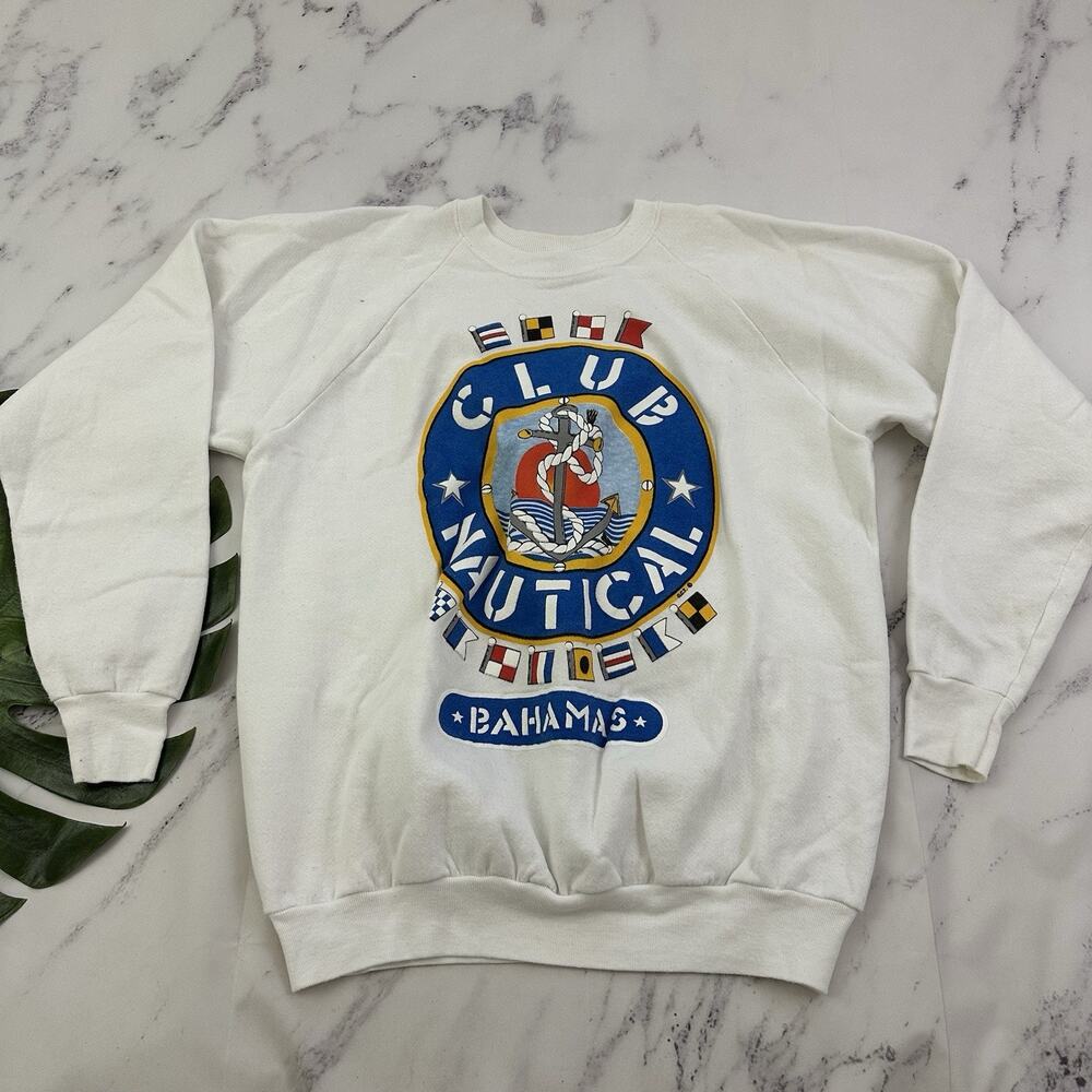 Vintage 80s Bahamas Club Nautical Pullover Sweatshirt Size XL White Blue Anchor